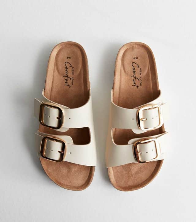 New Look's cream leather-look buckle strap footbed sliders