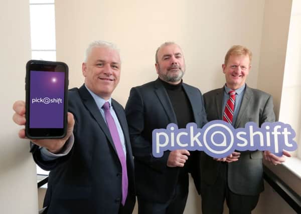 Launching the new app are PickaShift founders, Fearghal McKinney (left), Liam Lavery and Peter Graham