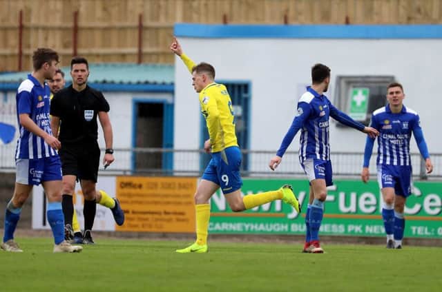 Paul McElroy celebrates his goal for Dungannon Swifts against Newry City AFC. Pic by Pacemaker.