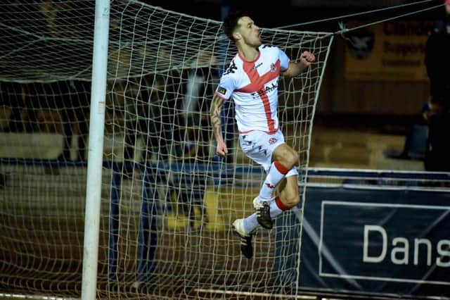 Crusaders Declan Caddell celebrates after heading in to make it 2-2
 at the Bangor Fuels aAena. (Photograph byStephen  Hamilton/Presseye)