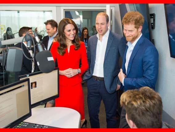 The Duke and Duchess of Cambridge and Prince Harry watched a live broadcast of a national radio show when they visited a school preparing students for a future in the media industry.